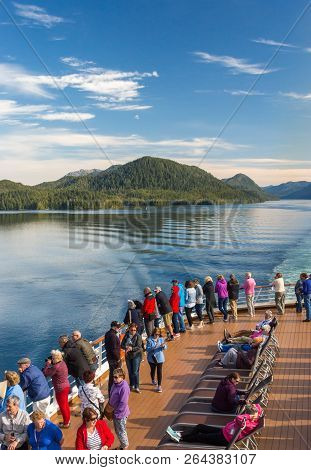 Principe Channel, Bc, Canada - September 13, 2018: Cruise Ship Passengers Viewing Beautiful Scenery 