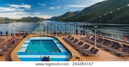 Principe Channel, Bc, Canada - September 13, 2018: Cruise Ship Passengers Viewing Beautiful Scenery 