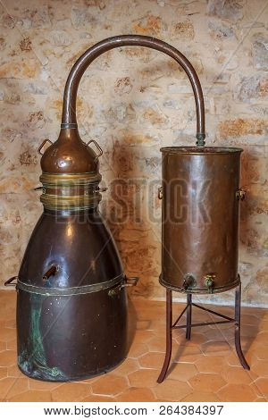 Grasse, France - October 18, 2013:  Antique Copper Distiller For Perfume Production In The Famous Fr