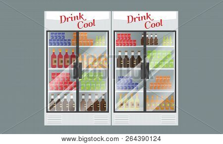 Refrigerated Supermarket Display Case Full With Multiple Drinks And Beverages. Illustrated Vector Fo