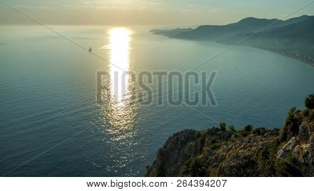 View From The Fortress Calais. Sunset At The Beach In Alanya, Turkey. View Of The Castle Hill And Se
