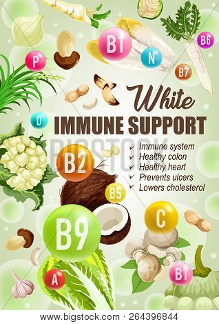 White Color Diet For Immune Support, Healthy Colon Or Heart For Ulcers Prevention. Vector Low Choles
