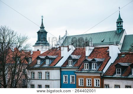 Beautiful Street With Traditional Colorful Houses In Warsaw In Poland.
