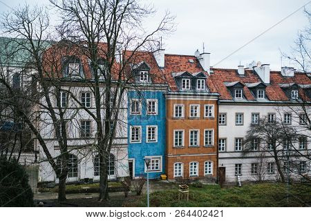 Beautiful Street With Traditional Colorful Houses In Warsaw In Poland.