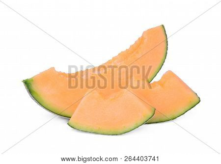 Sliced Japanese Melons, Green Melon Or Cantaloupe Melon Isolated On White Background