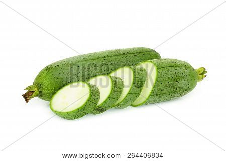 Fresh Green Sponge Gourd Or Luffa With Slice Isolated On White Background