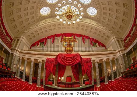 Washington Dc, Usa - September 4, 2018: First Congress Room Decorated With Red Curtains In Capitol B