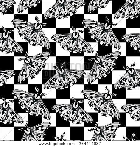 Night Moth On Black And White Square. Black And White Patternless Pattern. Use On The T-shirt And Te