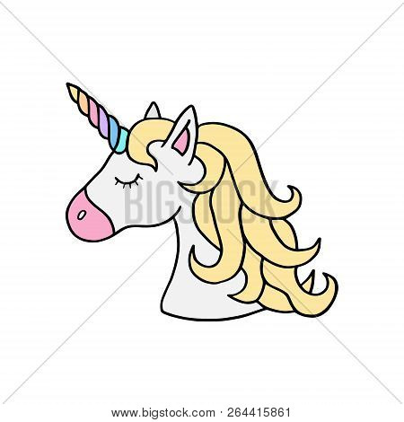 Unicorn vector illustration drawing. Cute unicorn's head with rainbow horn and yellow mane. Unicorn cartoon graphic print isolated on white background. Colorful rainbow unicorn sticker icon.