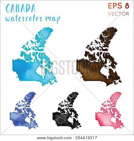 Canada Watercolor Country Map. Handpainted Watercolor Canada Map Set. Vector Illustration.