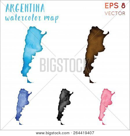 Argentina Watercolor Country Map. Handpainted Watercolor Argentina Map Set. Vector Illustration.