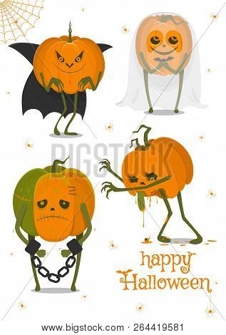 Set Of Halloween Pumpkins, Funny Faces. Autumn Holidays. Vector Illustration