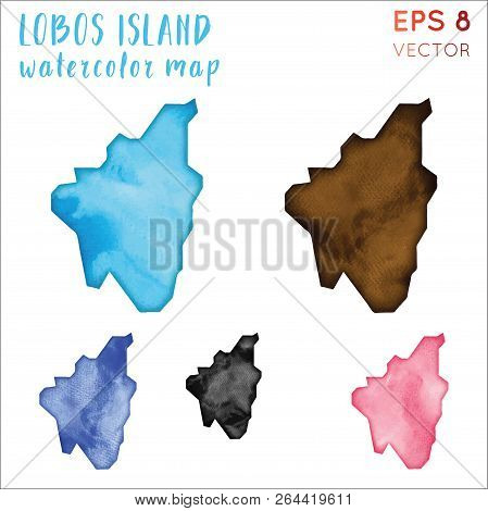 Lobos Island Watercolor Island Map. Handpainted Watercolor Lobos Island Map Set. Vector Illustration