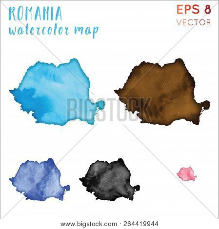 Romania Watercolor Country Map. Handpainted Watercolor Romania Map Set. Vector Illustration.