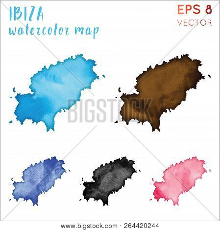 Ibiza Watercolor Island Map. Handpainted Watercolor Ibiza Map Set. Vector Illustration.