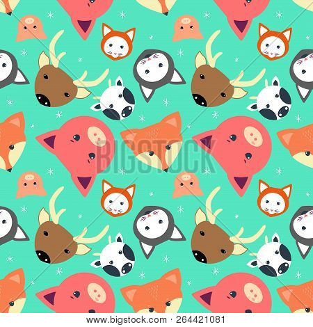 Animal Seamless Pattern With Cow, Fox. Cat. Dear, Pig In Flat Design