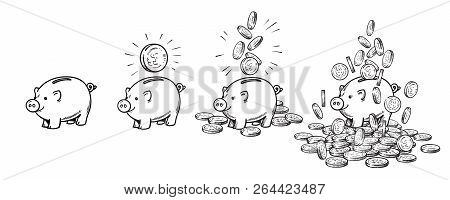 Cartoon Piggy Bank Set. Empty, With One Coin, With Falling Coins, Heaped Over Money. Wealth And Succ