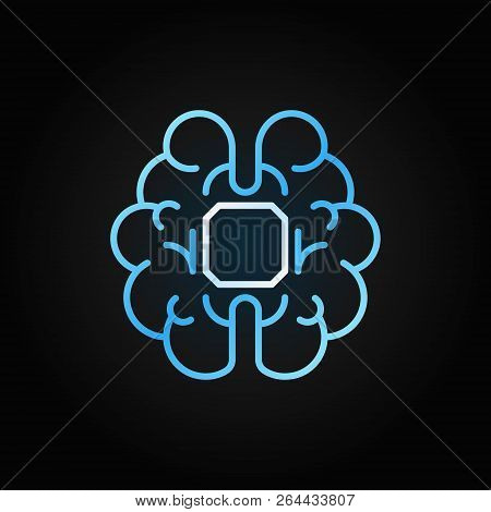 Human Brain With Chip Vector Blue Linear Icon. Ai Cyberbrain Concept Outline Symbol Or Logo Element 