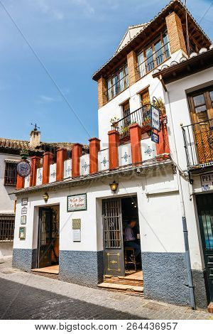 Granada, Spain, April 06, 2018: Street View Of The Historic District Of Albaicin In Granada, Andalus
