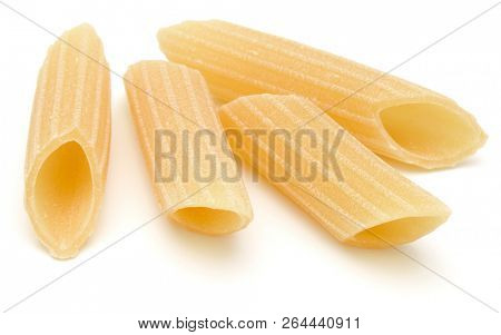 Italian pasta isolated on white background. Pennoni. Penne rigate.
