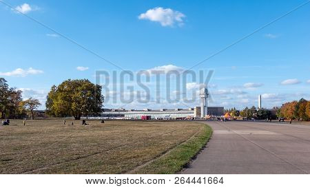 Berlin, Germany - October 10, 2018: Public City Park Tempelhofer Feld, Former Tempelhof Airport In B