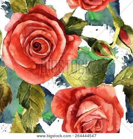 Watercolor Red Rose Flower. Floral Botanical Flower. Seamless Background Pattern.