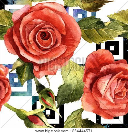 Watercolor Red Rose Flower. Floral Botanical Flower. Seamless Background Pattern.