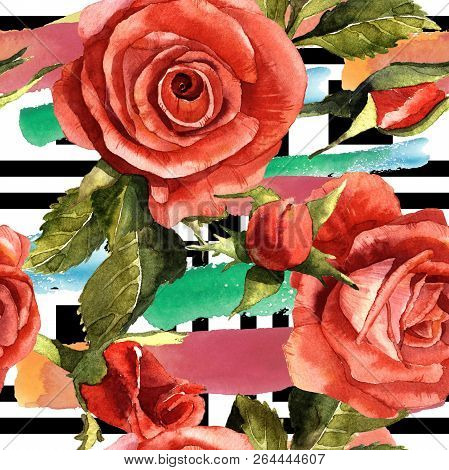 Watercolor Red Rose Flower. Floral Botanical Flower. Seamless Background Pattern.