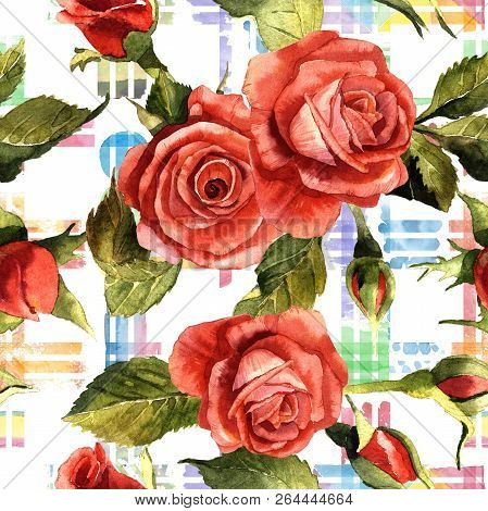 Watercolor Red Rose Flower. Floral Botanical Flower. Seamless Background Pattern.