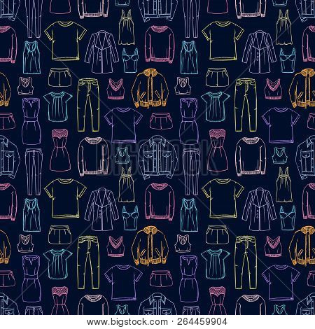 Fashion Doodles Pattern. Clothes Sketch. Apparel. Outfit. Woman Fashion Background. Fabric Design. C