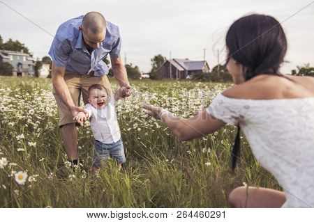 Parent Walking With Her Baby Son On Daisy Field At The Sunset Time