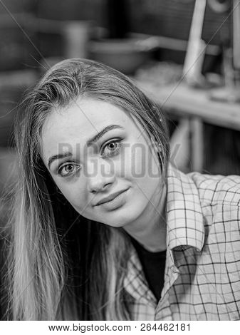 Girl With Long Blond Straight Shining Hair Posing Indoors. Beautiful Teenage Model Wearing Boyish Re