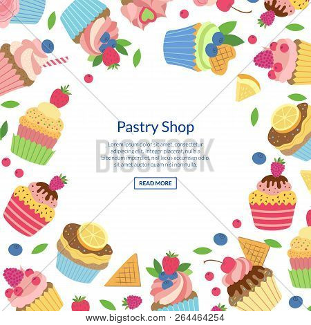 Vector Cute Cartoon Muffins Or Cupcakes Background With Place For Text Illustration. Sweet Cake Shop
