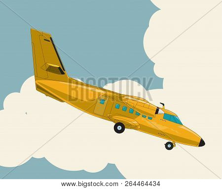Model Glider Flying Over Sky With Clouds In Vintage Color Stylization. Old Retro Subtle Airplane Des