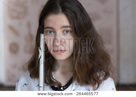 Beautiful Young Woman With Flute Genre Portrait Of Young Beautiful Girl