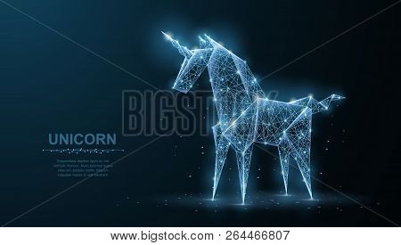 Unicorn. Abstract Vector Origami Paper Unicorn Isoleted On Blue. Magic, Fantasy, Horse, Dream, Mirac