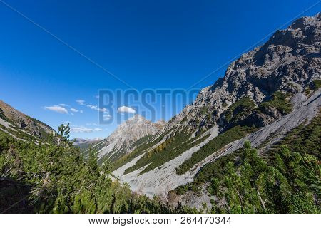 Schiesshorn Mountain Near Arosa And Welschtobel Canyon, Blue Sky, Forest