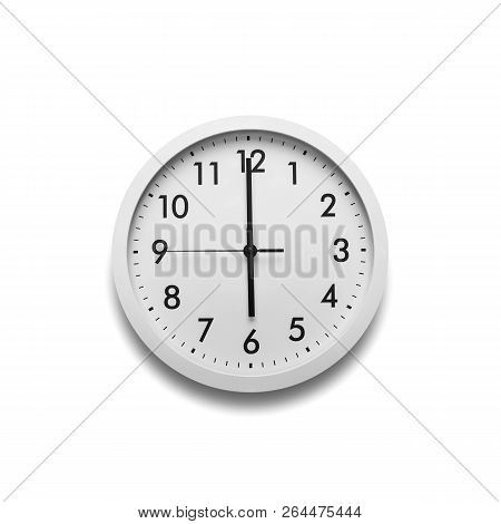 White Wall Clock Isolated On White Background. On The Clock, Six Oclock.