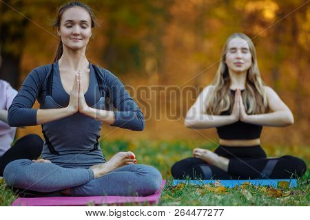 Two Young Yoga Practitioners Doing Yoga Exercises In Park. Women Meditate Outdoor Infront Of Beautif