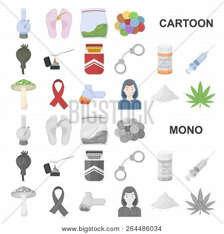 Drug Addiction And Attributes Cartoon Icons In Set Collection For Design. Addict And Drug Vector Sym