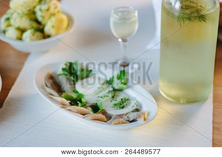 Salty Herring On Restaurant Table - Nice Food.