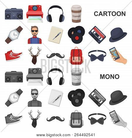 Style Hipster Cartoon Icons In Set Collection For Design. Hipster Attributes And Accessories Vector 