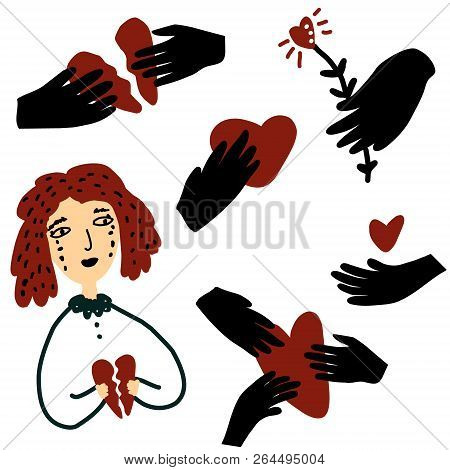 Sad Woman With Broken Heart. Hands With Hearts. Heartbreak, Love, Relationship Concept Illustration