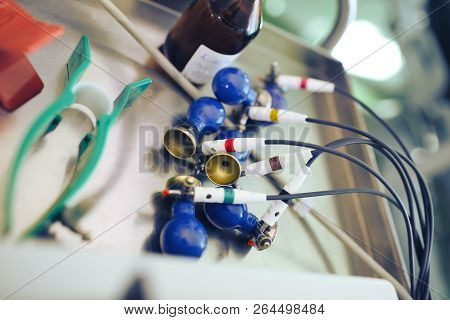 Electrodes For Ecg Recording On The Iron Surface Of Medical Table.