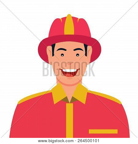 Fireman In Helmet In Cartoon Style Isolated On White Background. Firefighter Character. Vector Stock