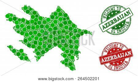 Welcome Composition Of Map Of Azerbaijan And Scratched Seal Stamps. Vector Greeting Imprints With Sc