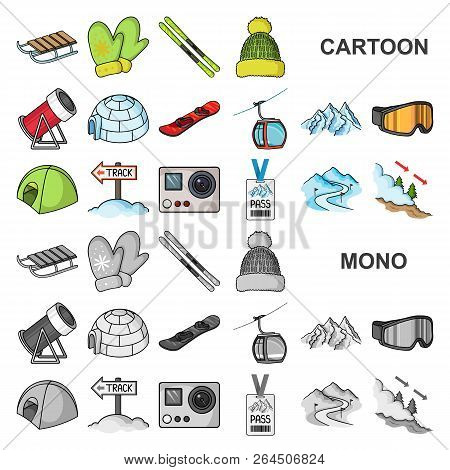 Ski Resort And Equipment Cartoon Icons In Set Collection For Design. Entertainment And Recreation Ve