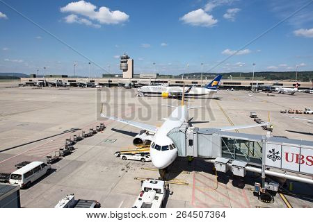 ZURICH - September 08:  Planes preparing for take off at Terminal A of Zurich Airport on September 8, 2018 in Zurich, Switzerland. Zurich airport is home port for Swiss Air and one of european hubs.
