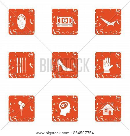 Money For The Child Icons Set. Grunge Set Of 9 Money For The Child Vector Icons For Web Isolated On 