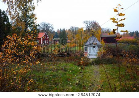 Bockhammar, Sweden - 12 October, 2018: Small bright pink Ebba Brahes gazebo - Sweden's oldest preserved gazebo